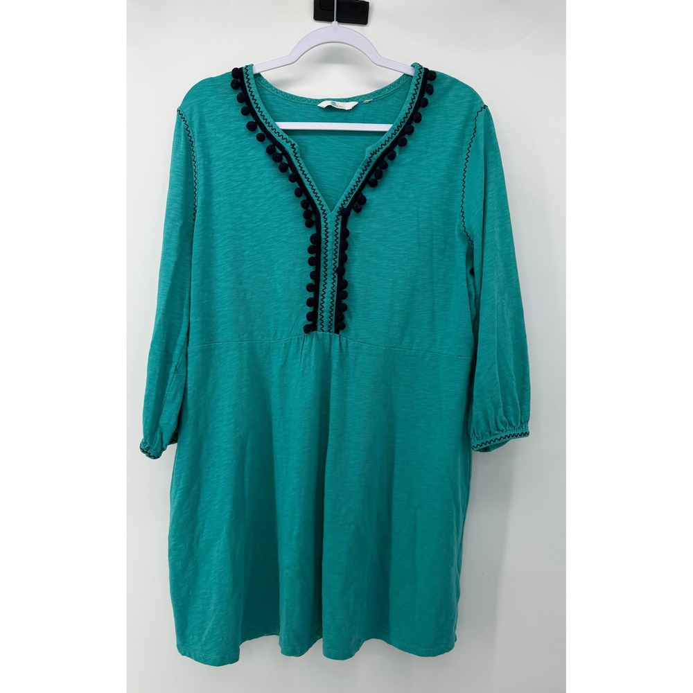 Boden‎ Teal Green Slub Cotton Pom Pom V-Neck Tunic Dress 3/4 Sleeve SZ 14 Large